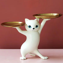 HD-17 Enchanting Cat Storage Ornament - White Resin Cat Figurine With Gold Trays for Storage.