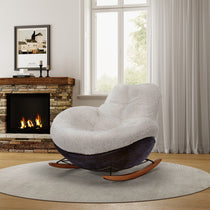 Chloe Comfy Rocking Lounge Chair in Off White With Wooden Rockers in a Cozy Living Room Setting.