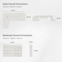 Eureka Ergonomic Zen Altair desk & bookcase dimensions diagram: 110.24"W x 85.24"D x 29.53"H desk, 110.24"W x 16.93"D x 78.74"H bookcase.
