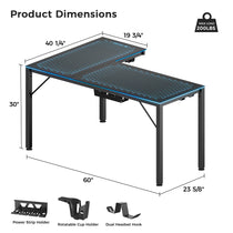 Eureka Ergonomic GTG L-shaped gaming desk dimensions: 60"x40", 30" height. Includes power strip holder, cup holder, headset hook.