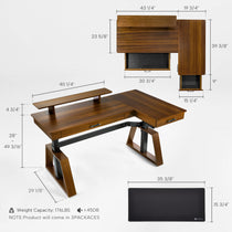 Ark Pro L-Shaped Standing Desk Dimensions Diagram, Walnut, Adjustable Height, Weight Capacity 176Lbs, Noise Under 45Db.