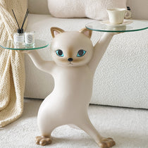 Enchanting Cat Side Table, Beige Cat-Shaped Design With Dual Glass Trays, Stylish Home Decor.