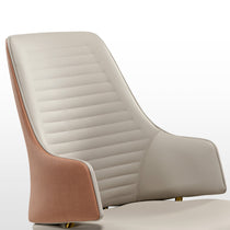 Juliet Dining Armchair Detail: Cream Seat, Brown Armrest, Gold Legs, Modern Design.