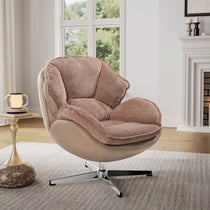 Chenille Swivel Lounge Chair in Tan With Chrome Base, Perfect for Living Room.