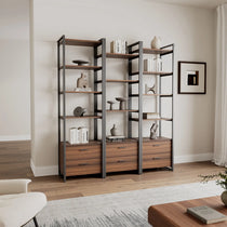 Eureka Ergonomic Sonoma 85.2'' Storage Shelf With 5 Tiers and 2 Drawers, Brown Wooden With Dark Metal Frame, Modern Design.