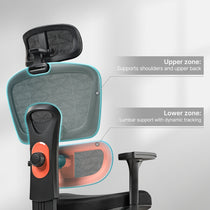 Eureka Ergonomic Cyra ergonomic office chair close-up highlighting adjustable headrest and lumbar support zones with blue and orange glows.