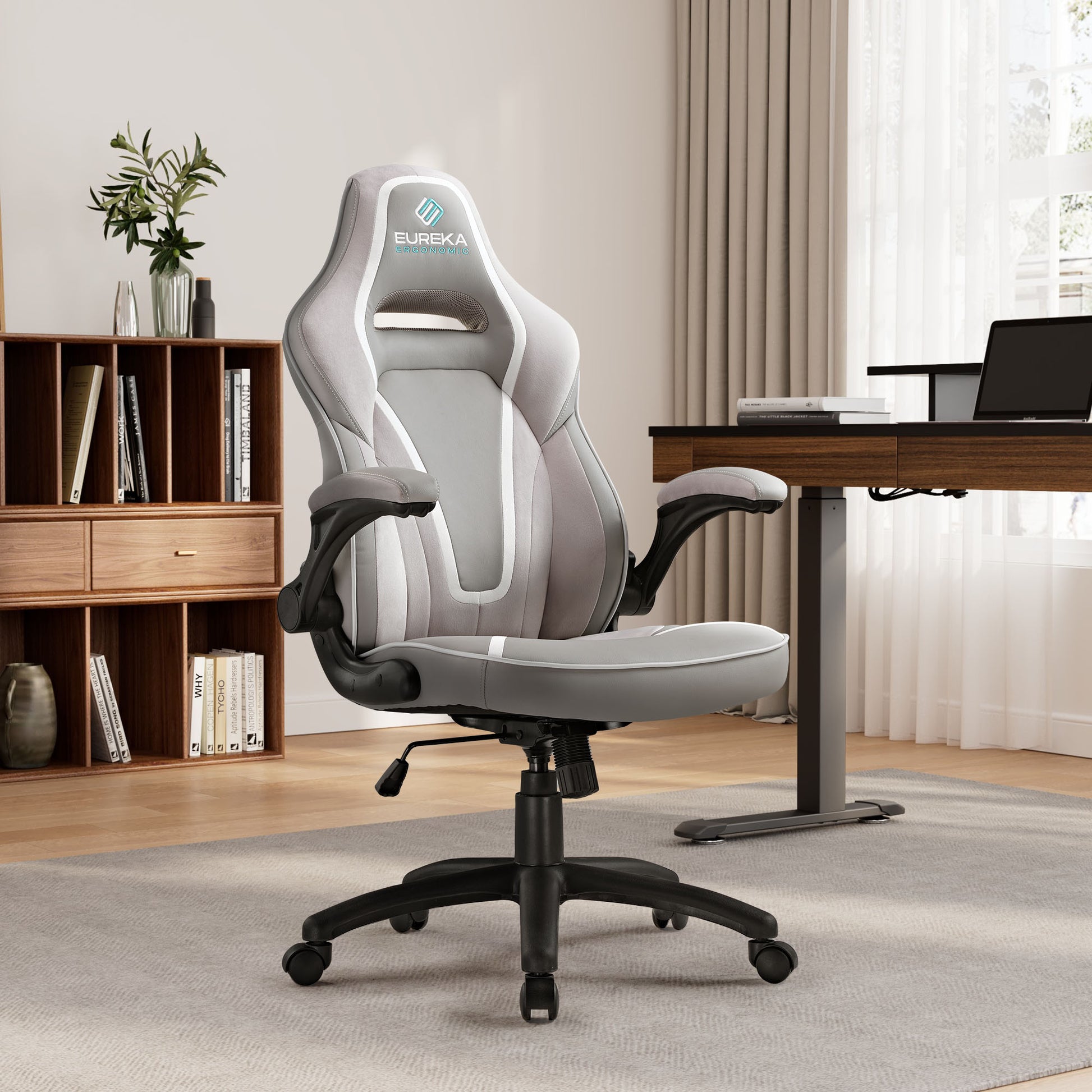 Eureka, Blue High-back Racing Seat Lumbar Support Leather Gaming Chair,Gray