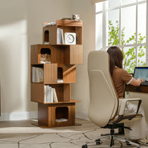 Eureka Ergonomic Pawlio 72" bookshelf cat tree with two cats lounging in cubbies, integrated into a home office setting.
