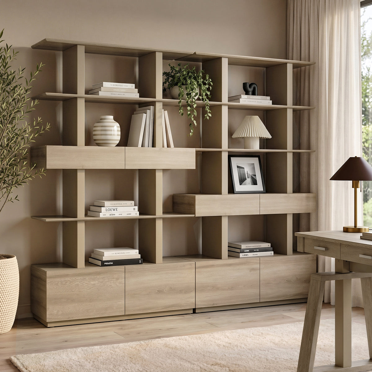 Eureka Ergonomic Ark 78 inch oak bookshelf with drawers and display shelves in a home office
