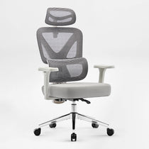 Eureka Ergonomic Exis ergonomic office chair, light gray, with striped mesh back and headrest, white armrests, polished metal base on wheels.