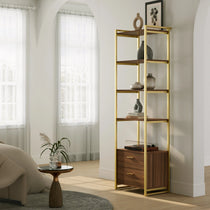 Sonoma Storage Shelf in Room Setting, Brown Wood Shelves With Gold Metal Frame and Drawers, Modern Design.