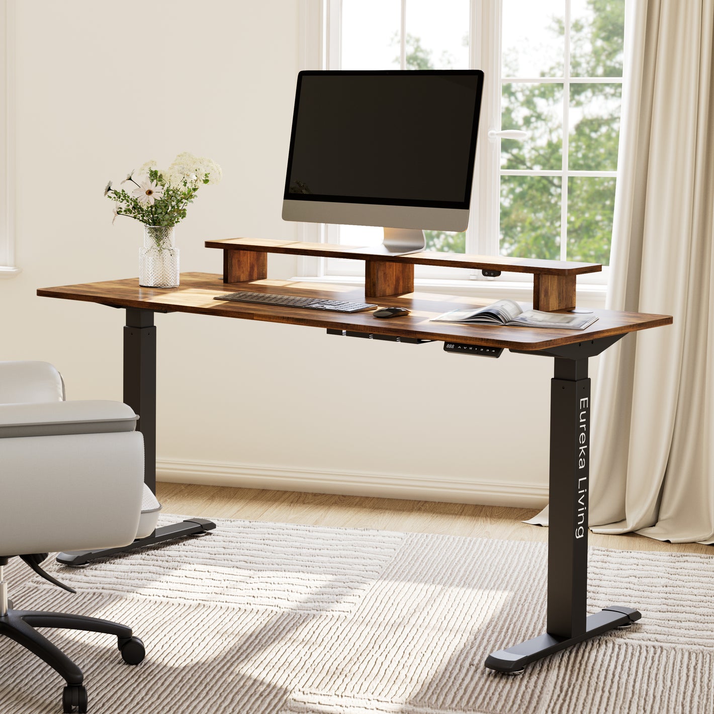 Eureka Ergonomic 63x29 Office Standing Desk with RGB Monitor Stand, Walnut