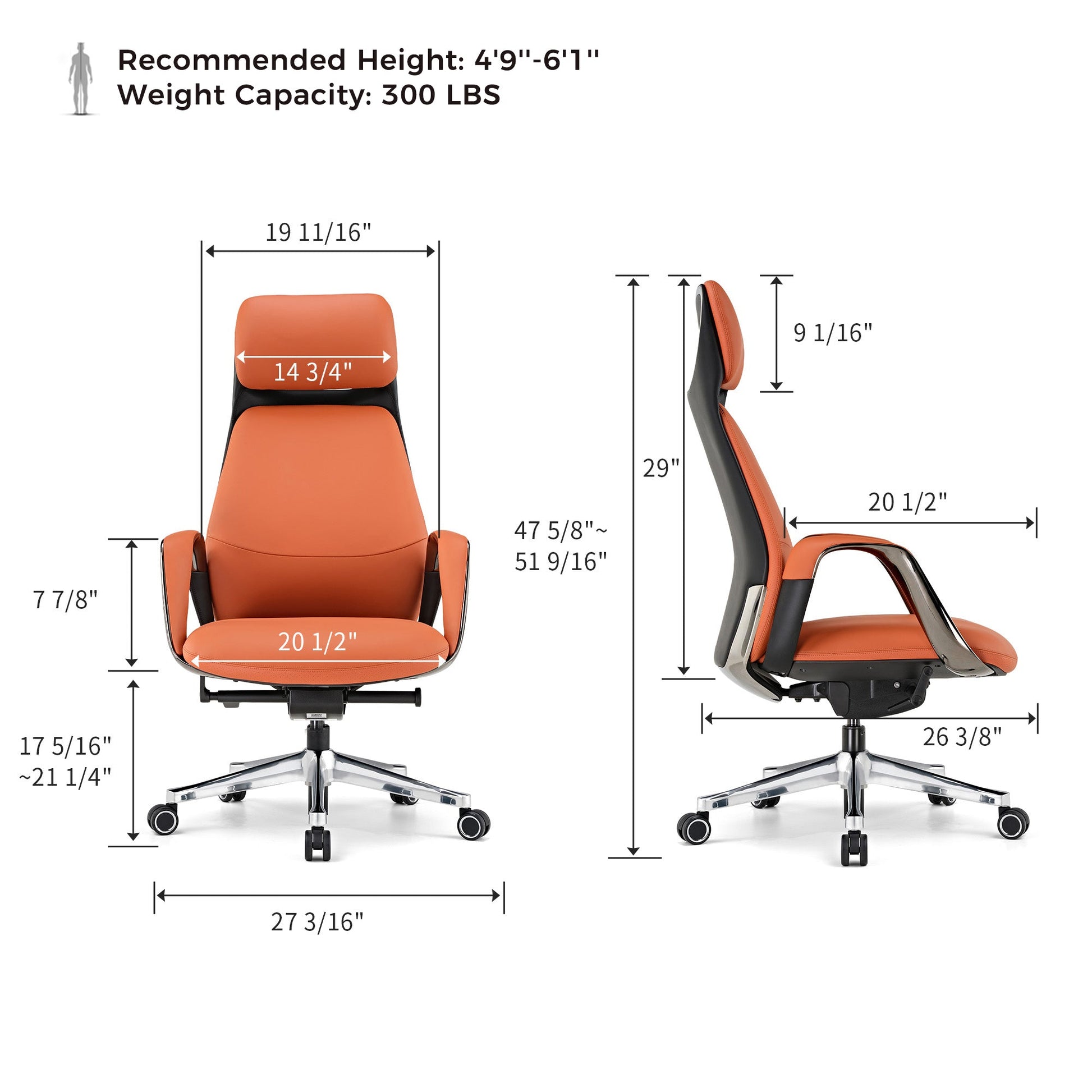 Leather Executive Office Chair Luxury Nappa Leather, Orange, Dimension