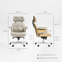 Eureka Ergonomic Mathias light beige Napa leather executive chair with dimensions, wood veneer, and silver base.