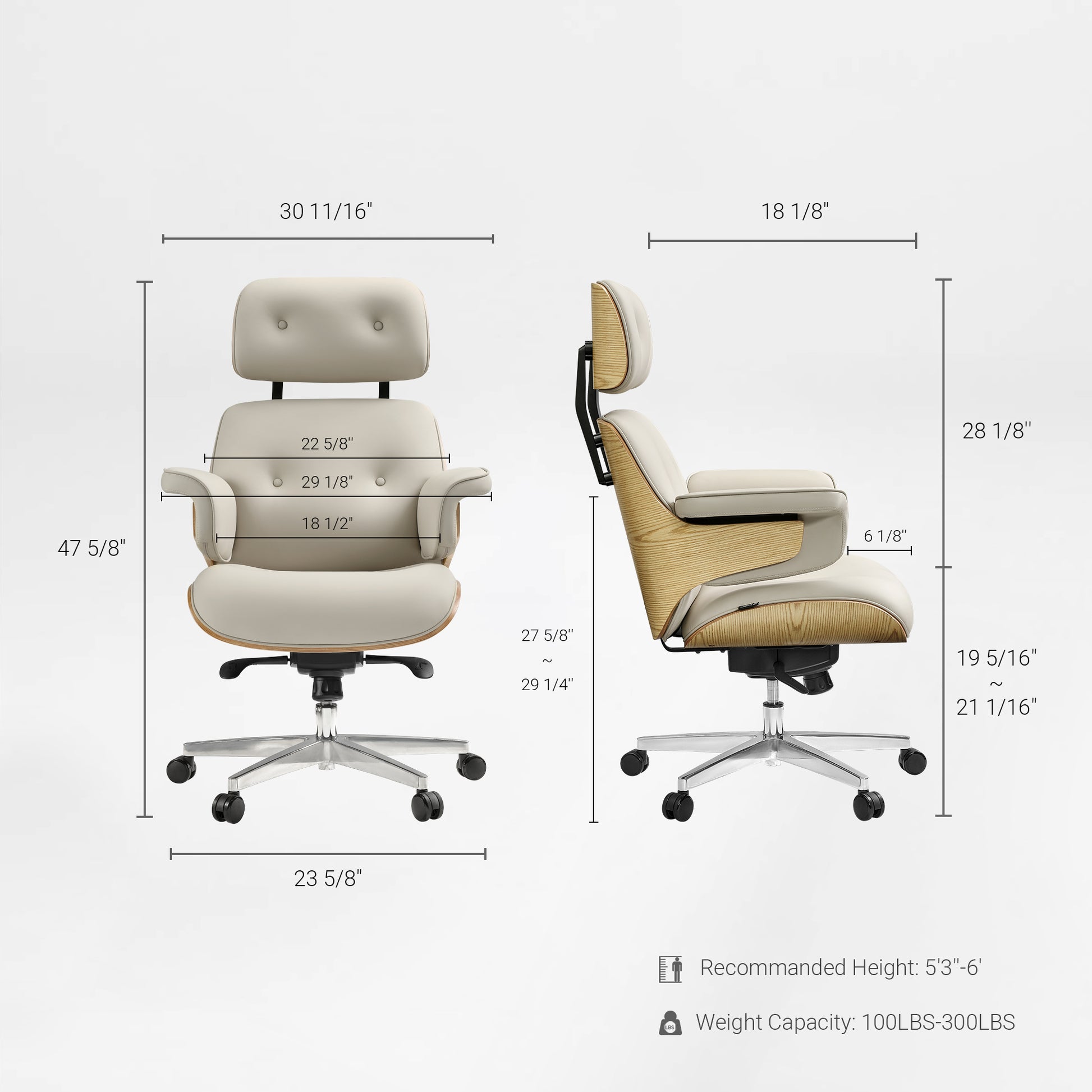 Eureka Ergonomic Mathias light beige Napa leather executive chair with dimensions, wood veneer, and silver base.