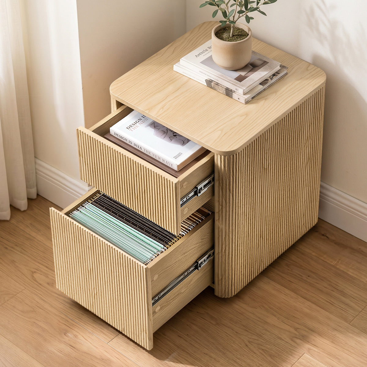 Eureka Ergonomic Aurelia Fluted File Cabinet, Modern File Cabinet with 2 Drawers Open in Home Office