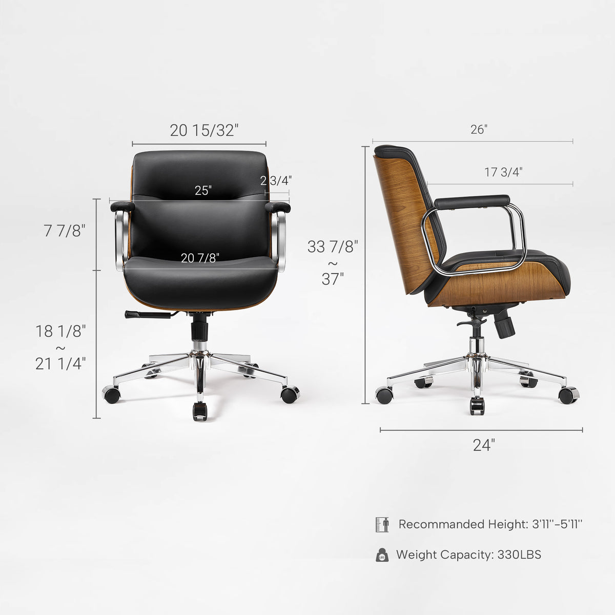 Eureka Ergonomic black Mathias Mason chair dimension diagram showing front and side measurements