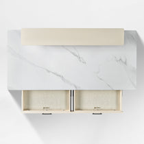 Birds-eye view of the Ark executive standing desk highlighting the work surface, monitor riser, and two open drawers for storage.