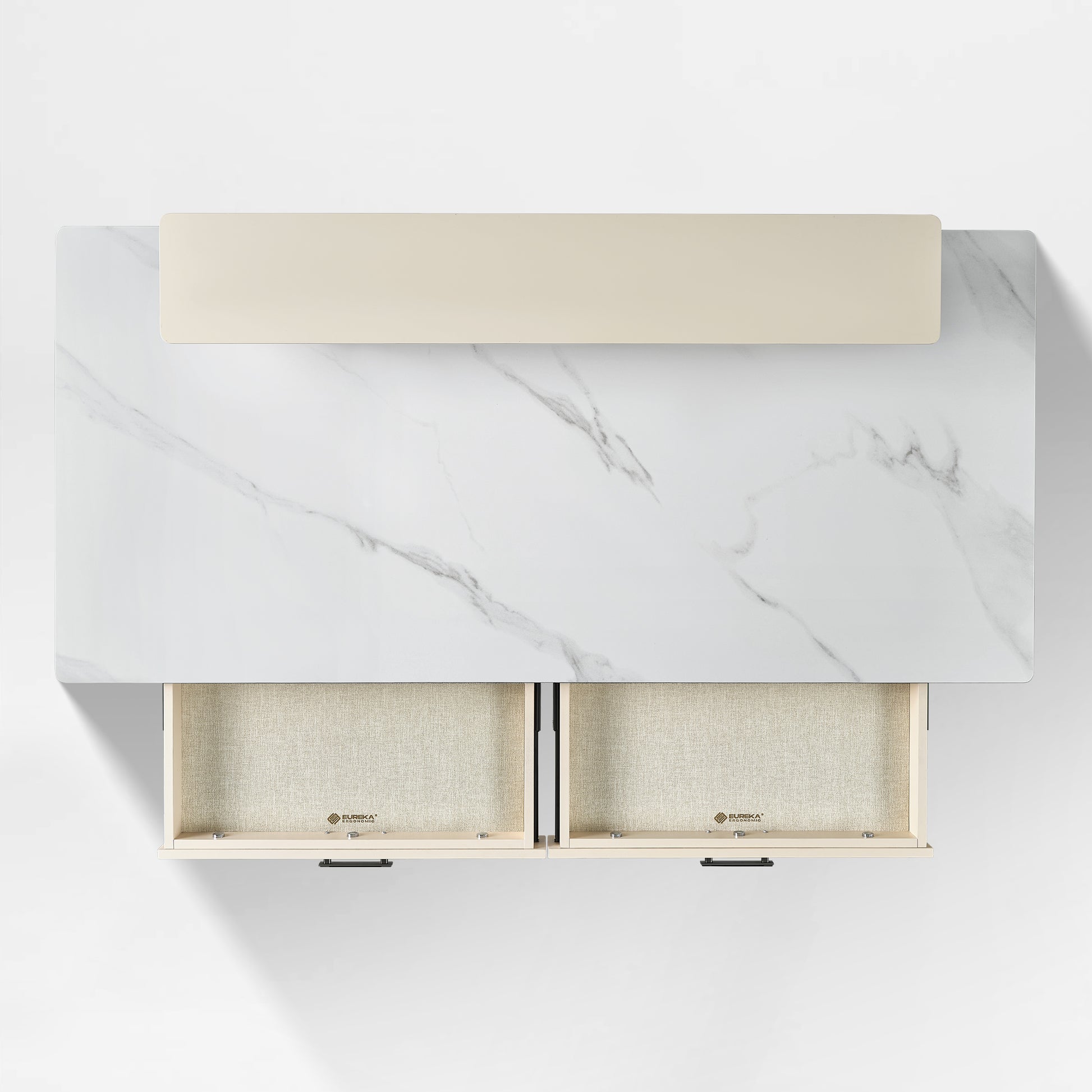 Birds-eye view of the Ark executive standing desk highlighting the work surface, monitor riser, and two open drawers for storage.