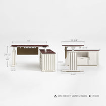 Ark Es Executive Standing Desk: Mahogany Veneer Top, White Cabinet. Modern Ergonomic Desk With Dimensions and Storage.