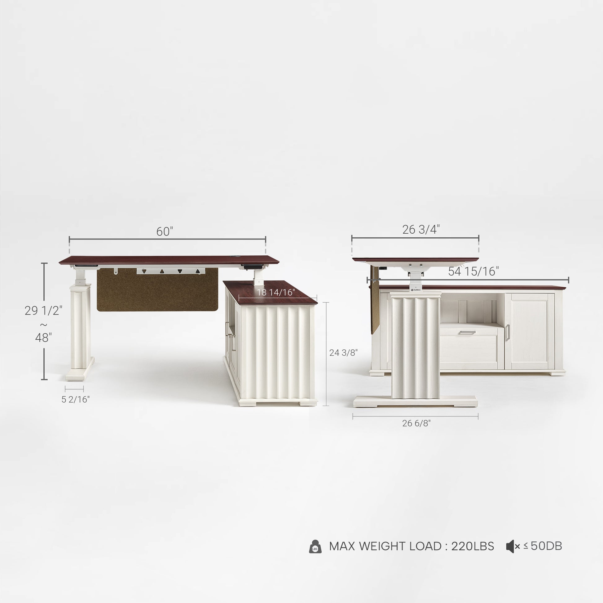 Ark Es Executive Standing Desk: Mahogany Veneer Top, White Cabinet. Modern Ergonomic Desk With Dimensions and Storage.