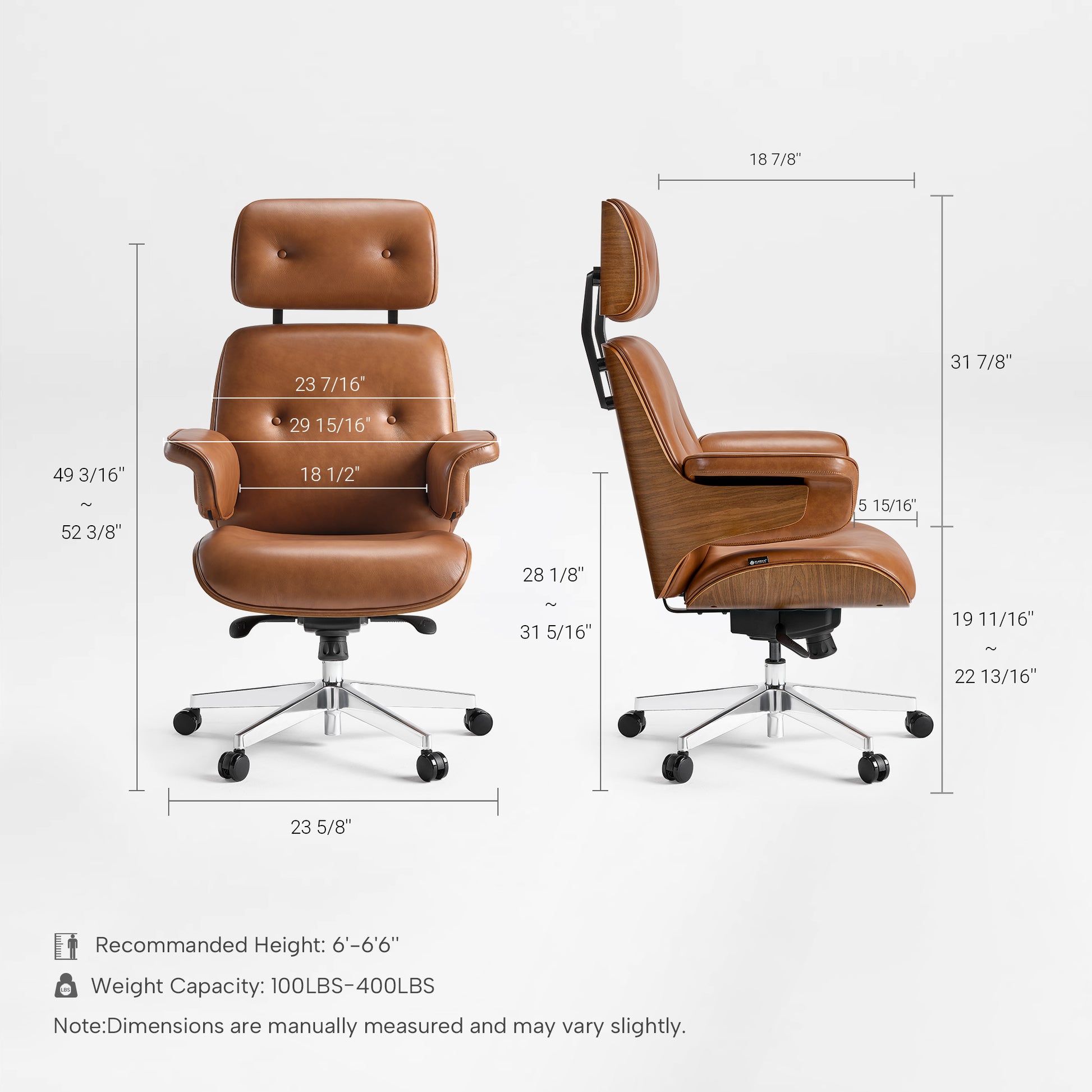Eureka Ergonomic Mathias brown leather chair dimensions diagram