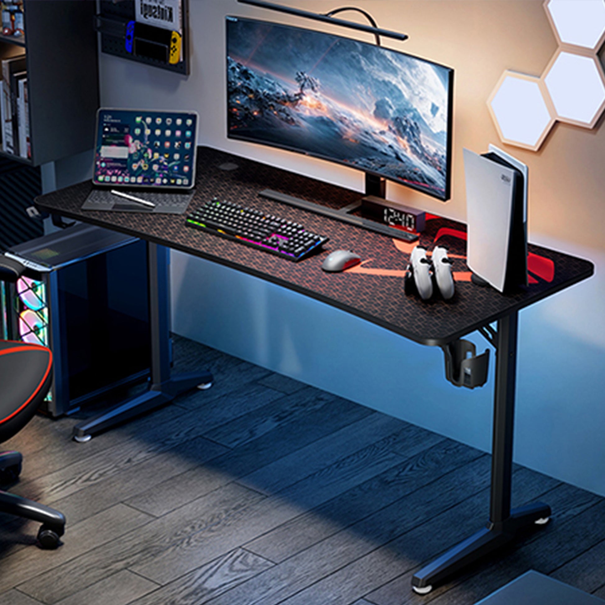 Eureka Ergonomic Curved Gaming Desk With Accessories, Black Desk, Multiple Monitors, and Headset.
