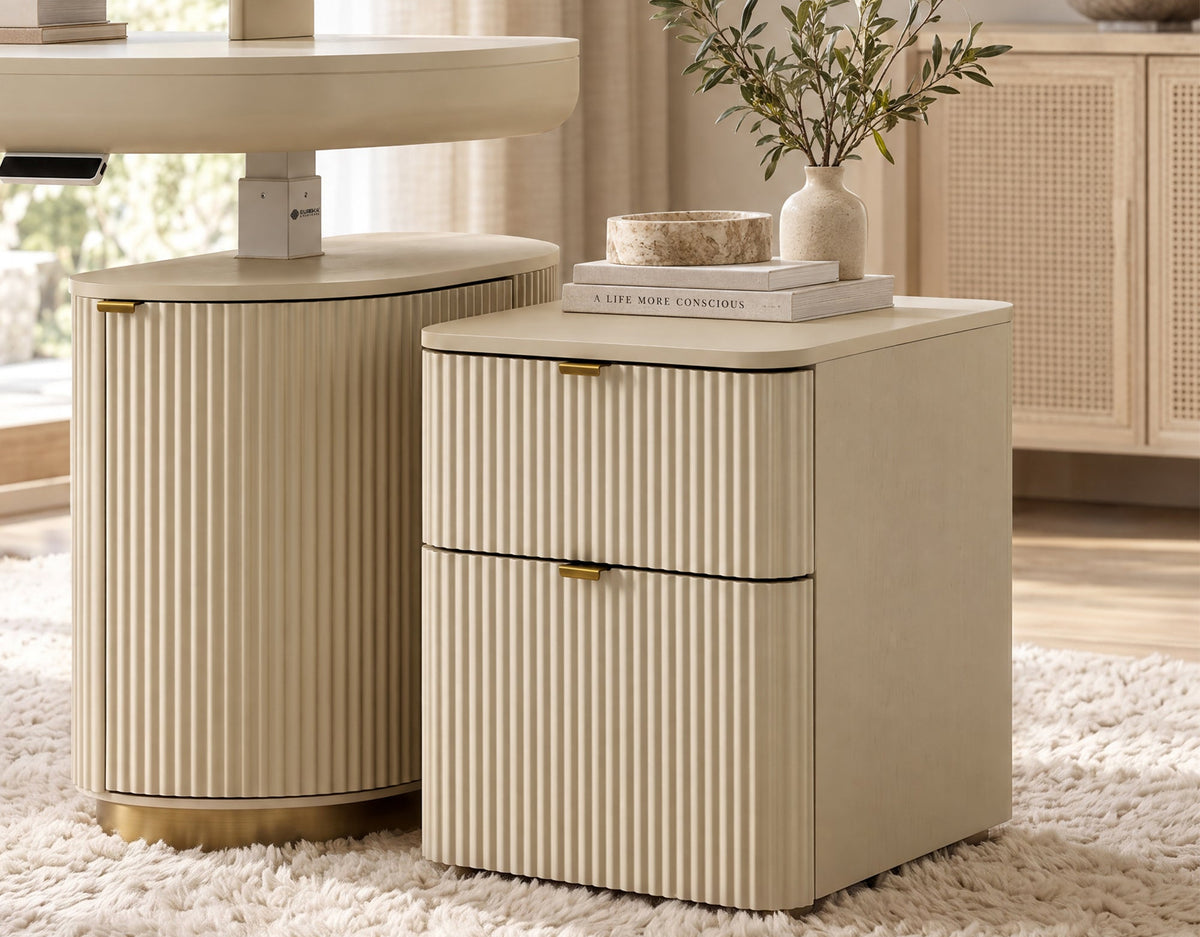 Eureka Ergonomic Opal fluted file cabinet in Cream styled on a shag rug with books