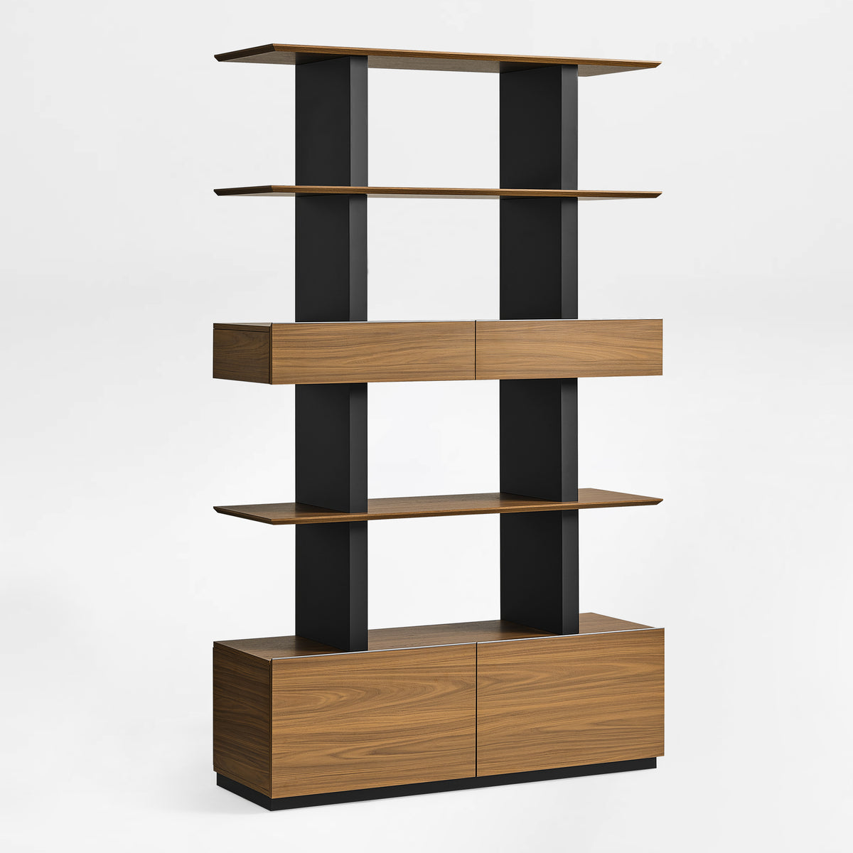 Eureka Ergonomic Ark 78 inch walnut bookshelf with drawers and display shelves, slight three-quarter view