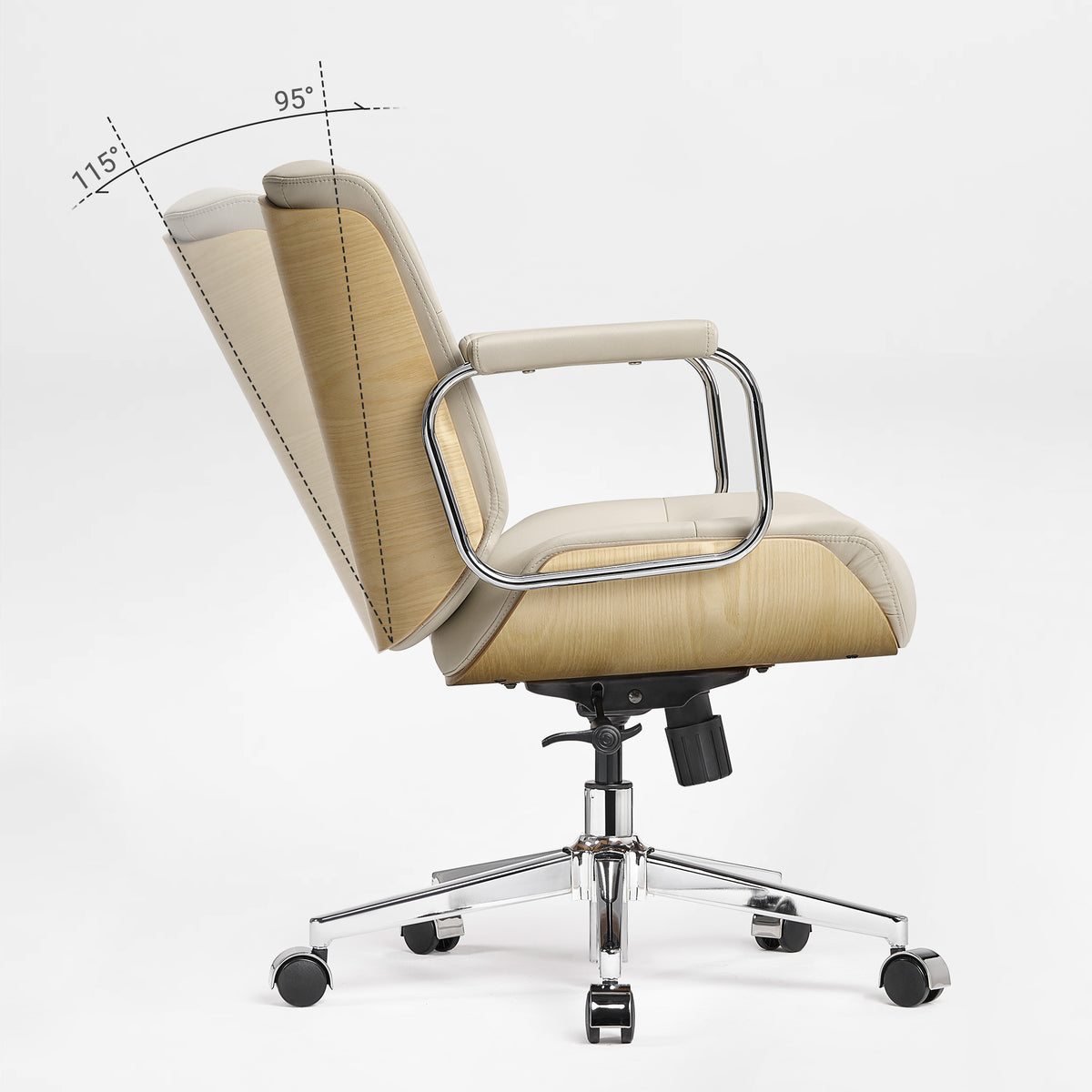 Eureka Ergonomic beige Mathias Mason low back office chair, side view, displaying its backrest recline angle