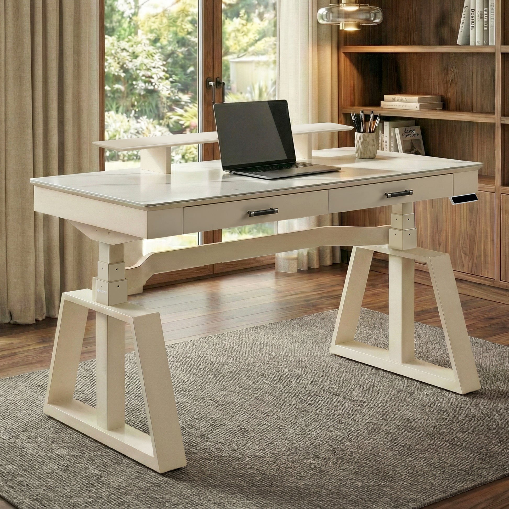 Eureka Ergonomic Ark Executive Standing Desk with white sintered stone top and birch veneer.
