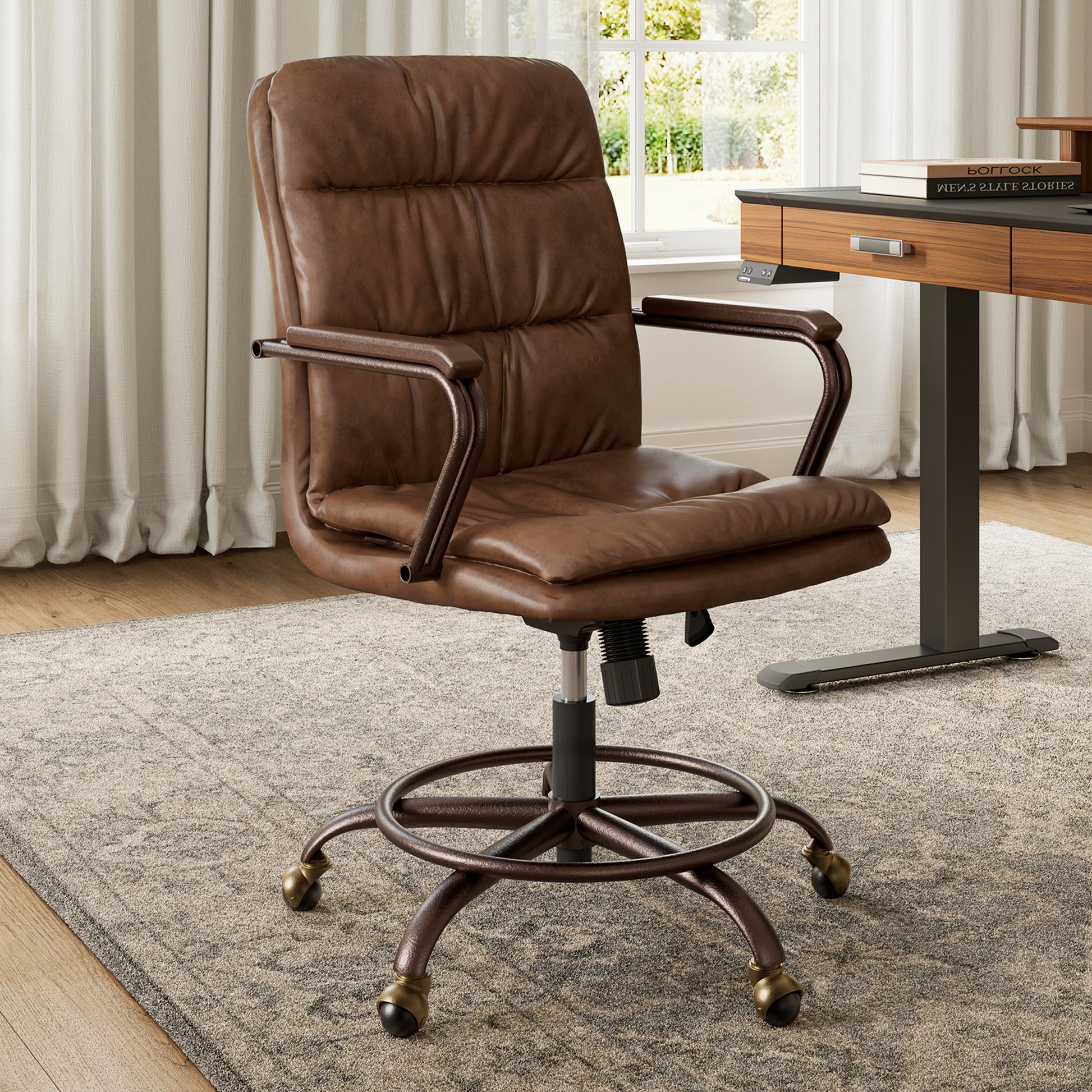Regal Pu Leather Home Office Chair in Brown, With Mid-Century Design for Modern Workspaces.