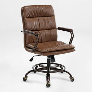 Brown Pu Leather Regal Home Office Chair With Mid-Century Design and Metal Accents, Ergonomic Workspace Furniture.
