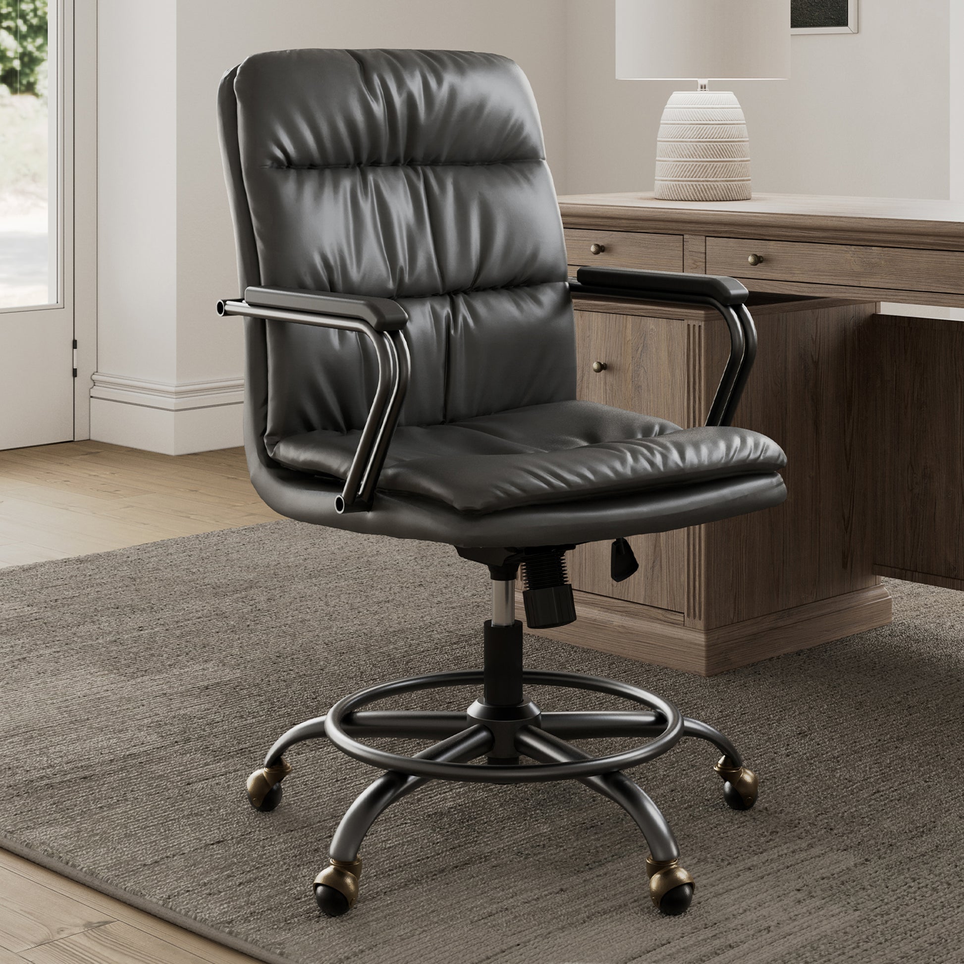 Regal Pu Leather Home Office Chair in Black, Ergonomic Mid-Century Design, Bronze Accents.