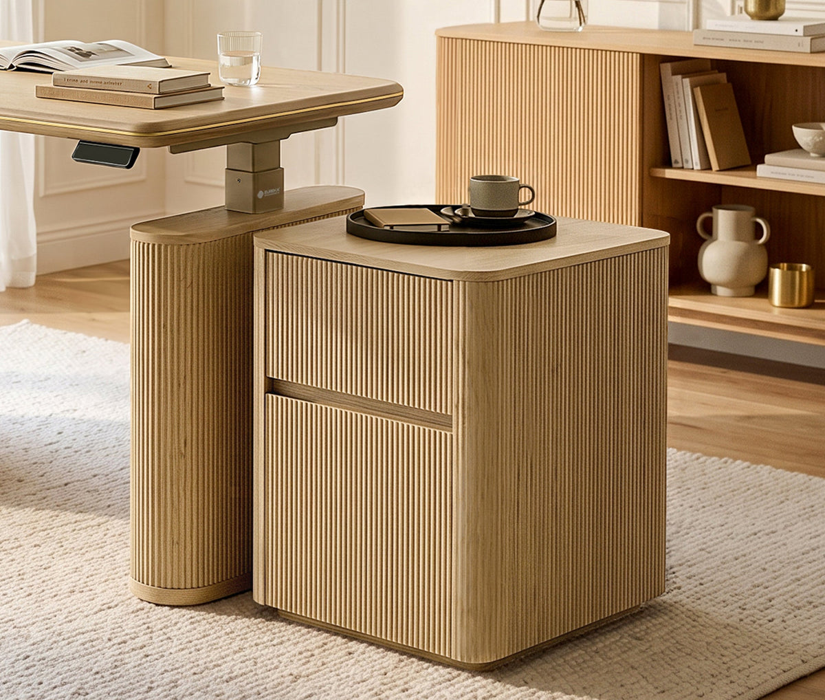 Eureka Ergonomic Aurelia fluted file cabinet in a light oak home office with standing desk and open shelving