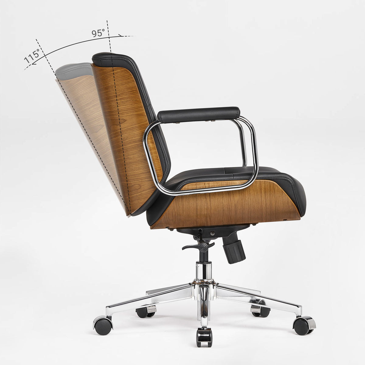 Eureka Ergonomic black Mathias Mason low back office chair, side view, displaying its backrest recline angle