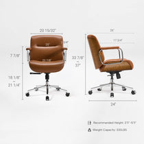 Eureka Ergonomic brown Mathias Mason chair dimension diagram showing front and side measurements