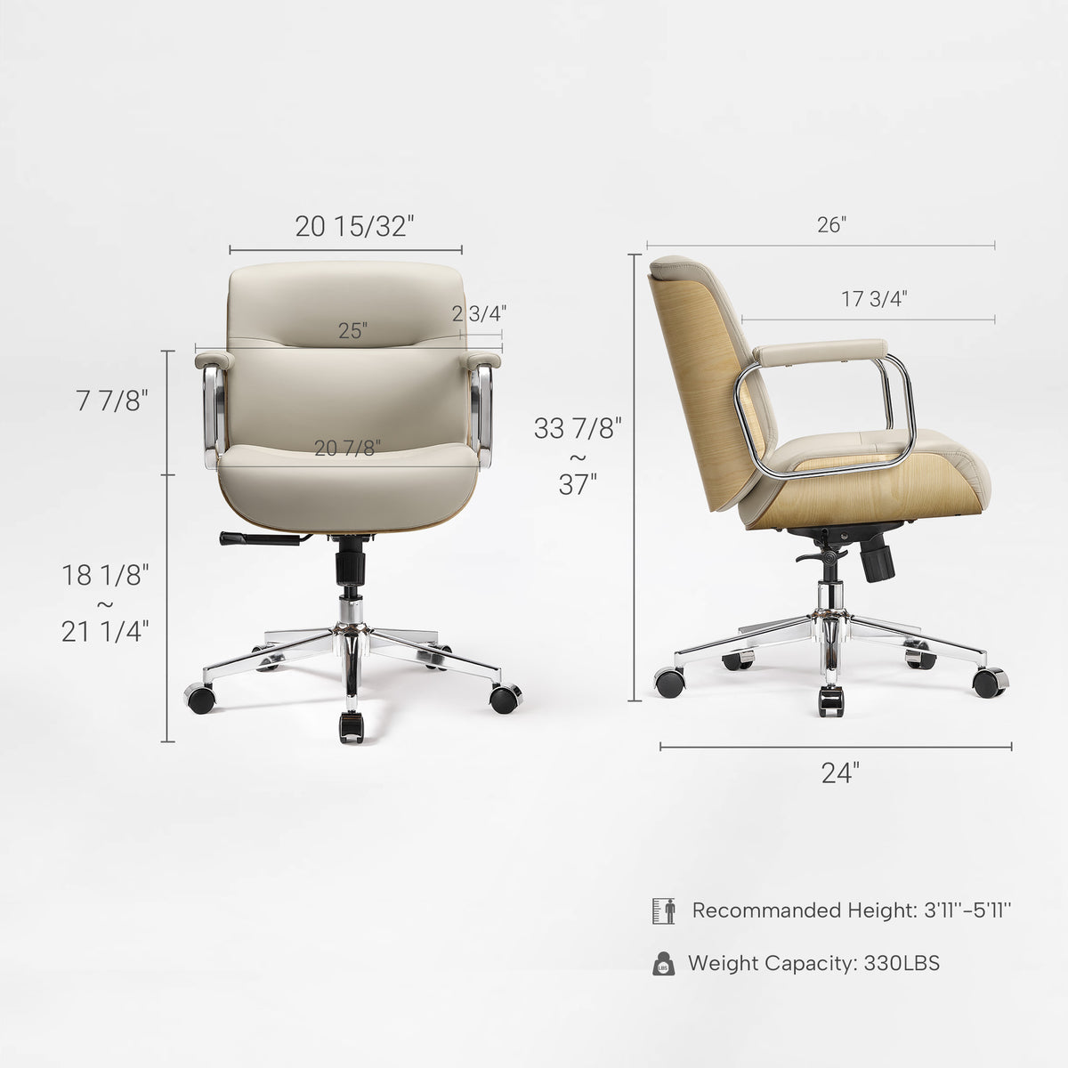 Eureka Ergonomic beige Mathias Mason chair dimension diagram showing front and side measurements