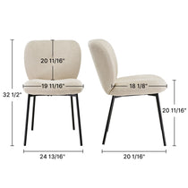 Sage Upholstered Dining Chair, Dimensions Shown. Off-White Fabric, Black Metal Legs. Modern Dining Room Chair.