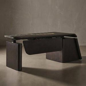 Eureka Ergonomic Magma Pro Executive Desk Back View with Marble and Wood Veneer and Privacy Panel.