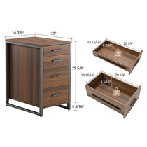 Walnut Four-Drawer File Cabinet With Metal Frame, Office Storage, and Dimensional Details.
