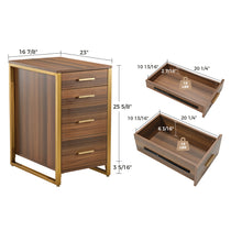 Walnut File Cabinet With Gold Metal Frame and Four Drawers, Office Storage Furniture.