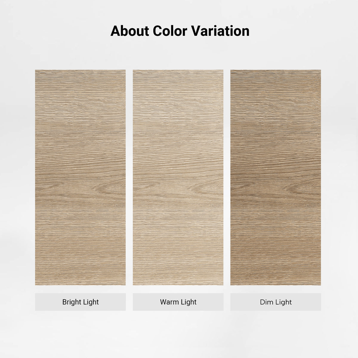 Eureka Ergonomic Ark 78 inch oak bookshelf color variation chart showing finishes in different lighting