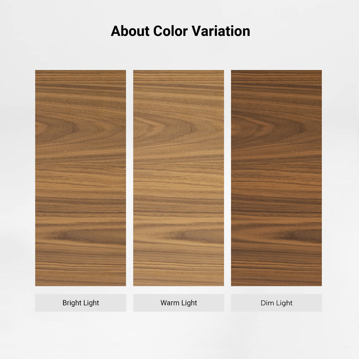 Eureka Ergonomic Ark 78 inch walnut bookshelf color variation chart showing finishes in different lighting