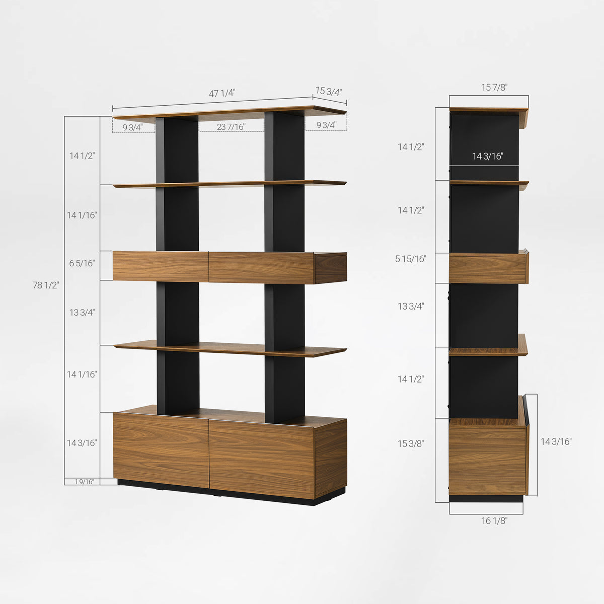 Eureka Ergonomic Ark 78 inch walnut bookshelf dimension diagram with front and side measurements