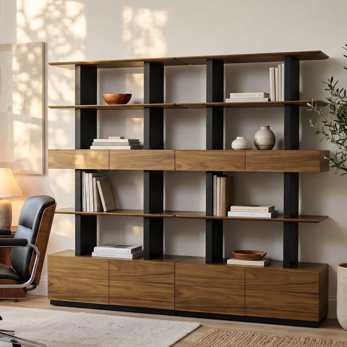 Eureka Ergonomic Ark 78 inch walnut bookshelf with drawers and display shelves, styled in a modern room