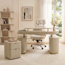 Eureka Ergonomic Opal file cabinet in a cream home office with the Opal standing desk, shelving and boucle chair