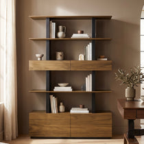 Eureka Ergonomic Ark 78 inch walnut bookshelf with drawers and display shelves in a home office