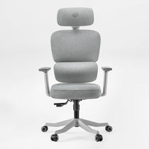 Front view of a modern ergonomic office chair upholstered in heather grey fabric, showing the adjustable headrest and lumbar support. Silver Gray, Fabric