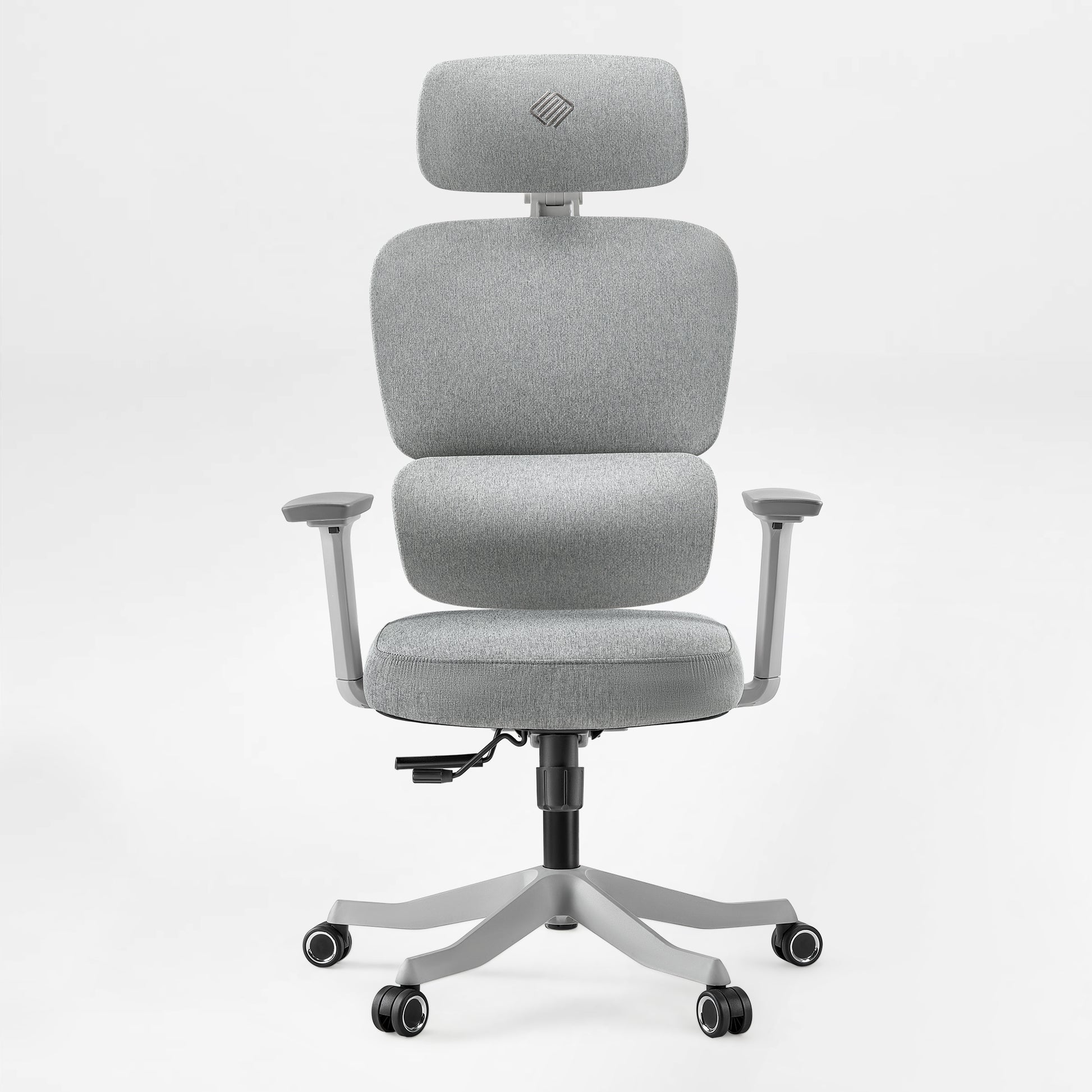 Front view of a modern ergonomic office chair upholstered in heather grey fabric, showing the adjustable headrest and lumbar support. Silver Gray, Fabric